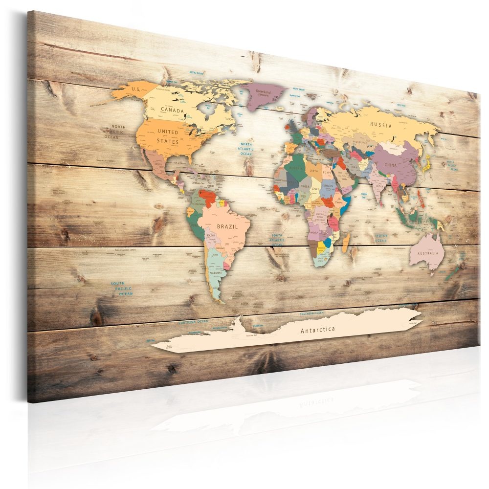 Schilderij - Wereldkaart , Kleurrijke continenten , houtlook