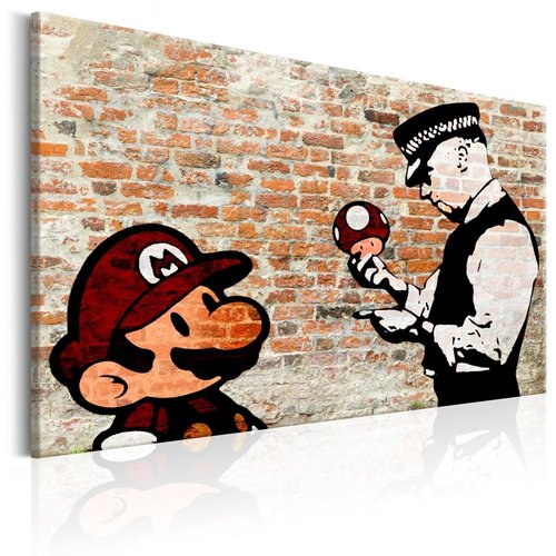 Schilderij - Mario en Politieagent op rode baksteen , Banksy , baksteenlook