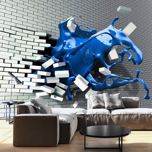 Fotobehang -Blauwe golf door witte muur, premium print vliesbehang