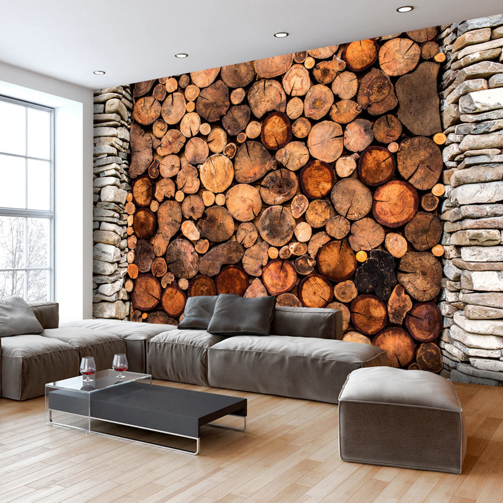 Fotobehang -Houtstapel, premium print vliesbehang afbeelding