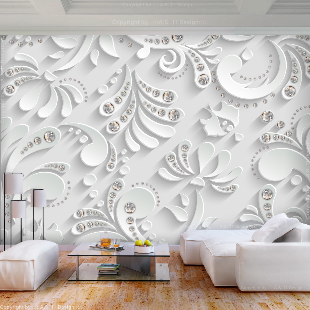 Fotobehang -Bloemen met kristallen in wit, premium print vliesbehang afbeelding
