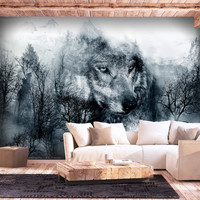 Fotobehang - Wolf in de bergen , Zwart Wit, premium print vliesbehang Fotobehang - Wolf in de bergen , Zwart Wit, premium print vliesbehang