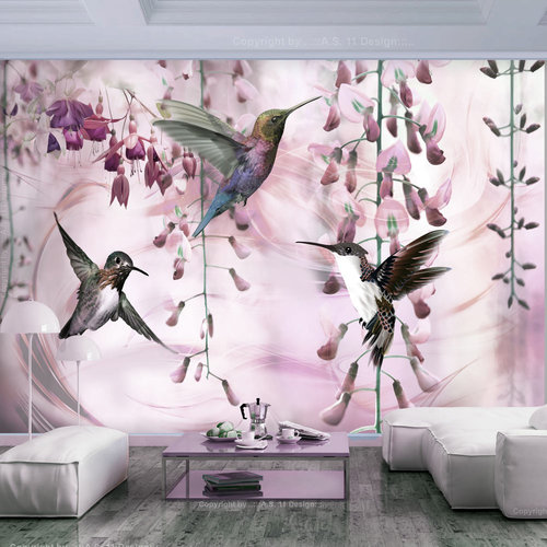 Fotobehang - Vliegende Kolibries met roze achtergrond, premium print vliesbehang