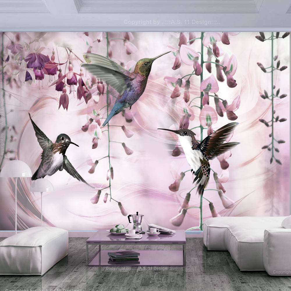 Fotobehang - Vliegende Kolibries met roze achtergrond, premium print vliesbehang afbeelding