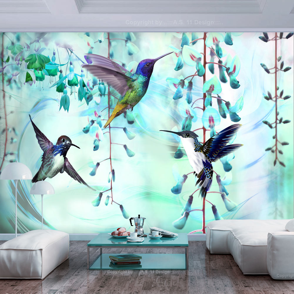 Fotobehang - Vliegende Kolibries op Turquoise achtergrond, premium print vliesbehang afbeelding