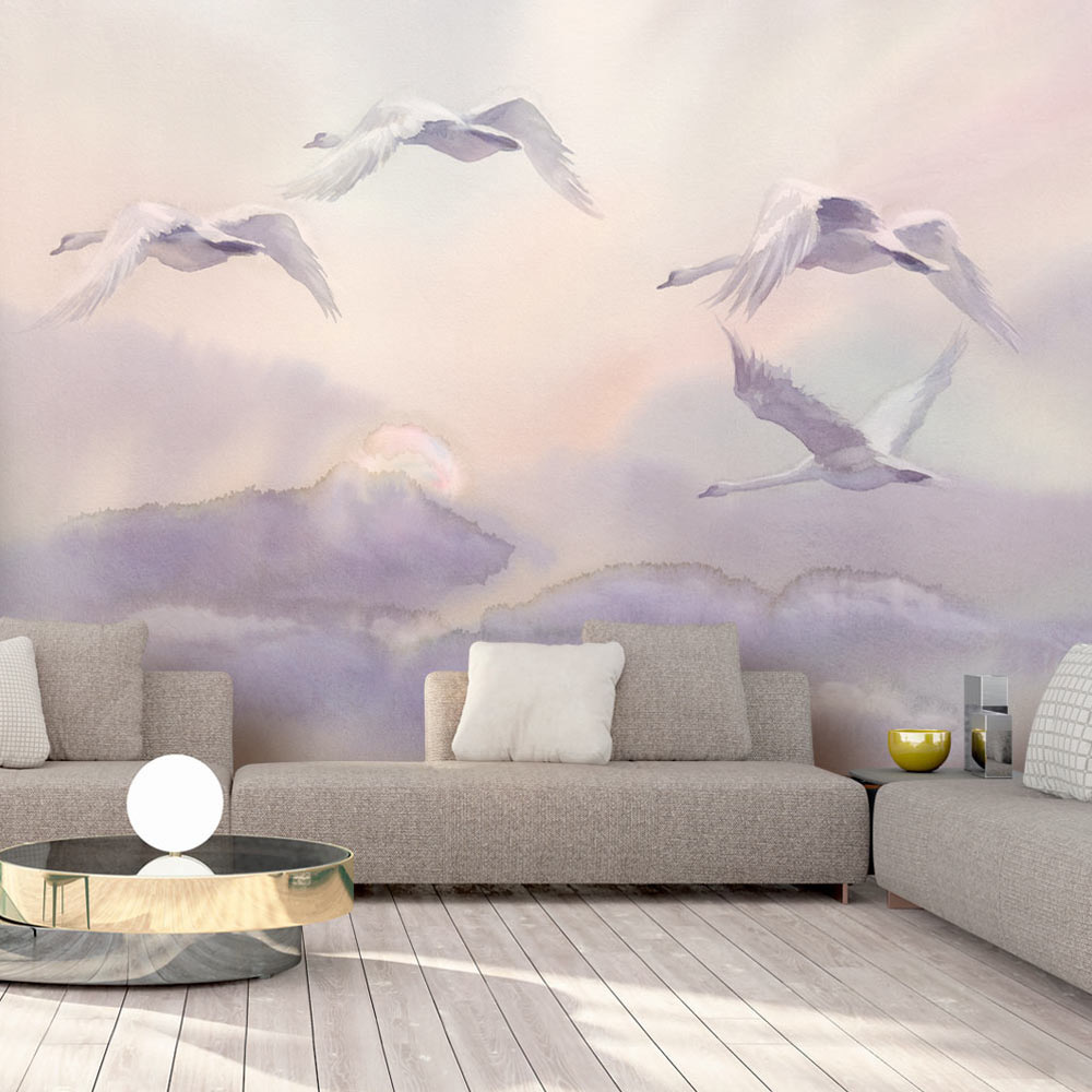 Fotobehang - Vliegende Zwanen, premium print vliesbehang afbeelding