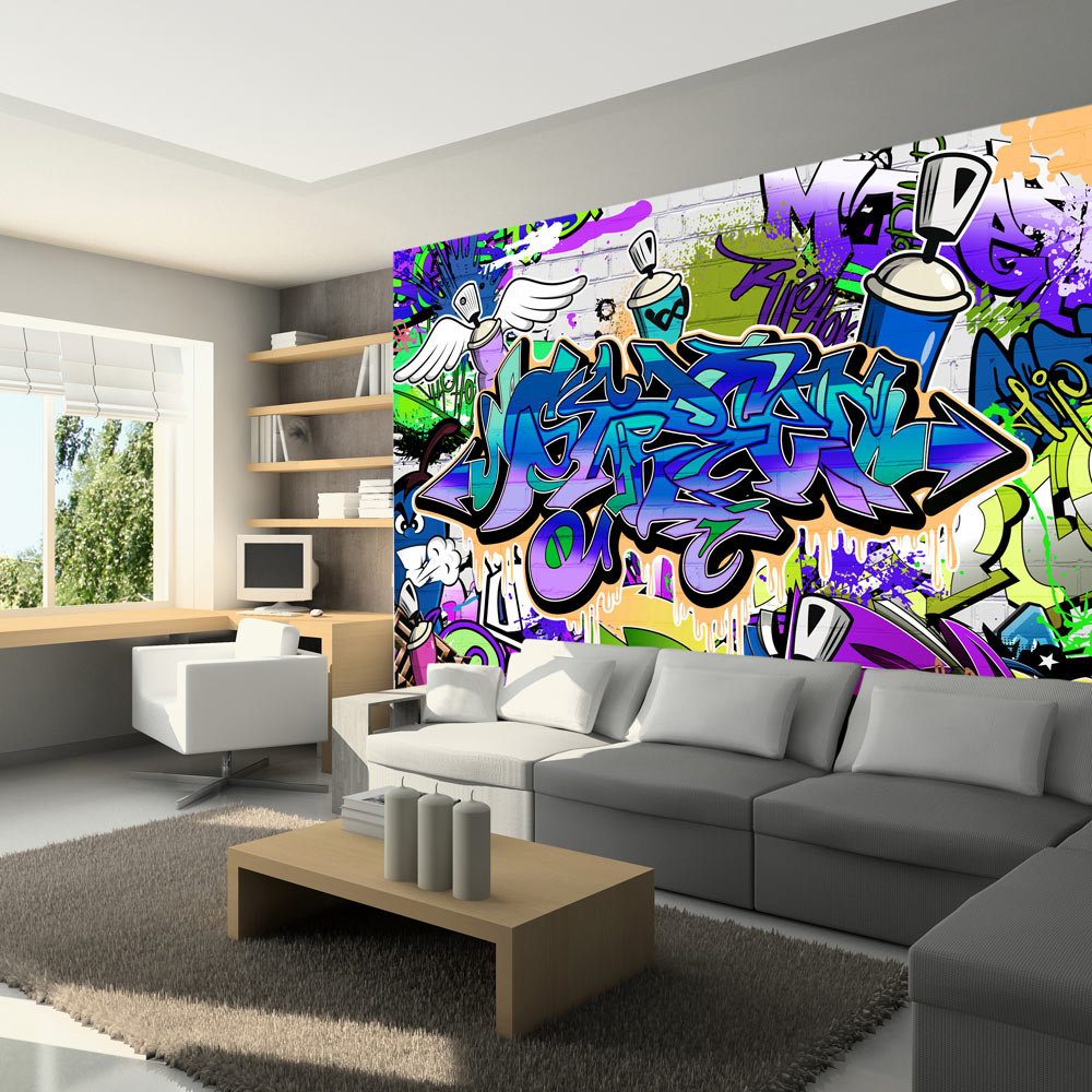 Fotobehang - Graffiti: Chaos in Violet, premium print vliesbehang afbeelding