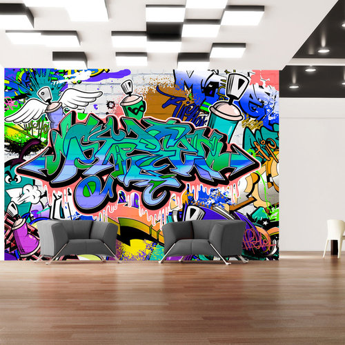 Fotobehang - Graffiti: Chaos in Blauw, premium print vliesbehang Fotobehang - Graffiti: Chaos in Blauw, premium print vliesbehang