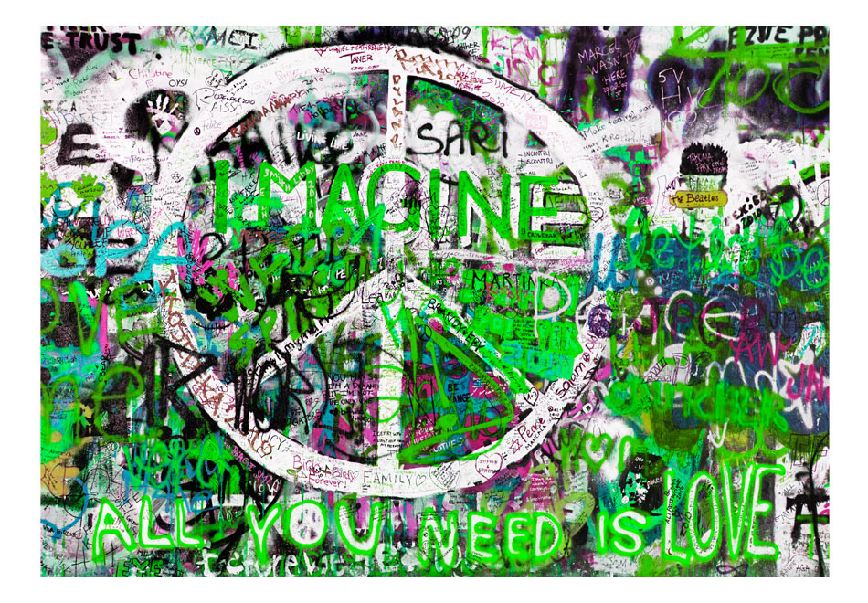 Fotobehang - Groene Graffiti, Peace, premium print vliesbehang, 5 maten, geen behangtafel nodig, een