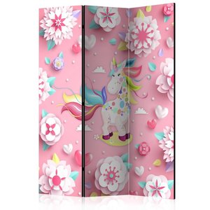 Vouwscherm / Kamerscherm - Eenhoorn en een bed van bloemen, kinderkamer 135x172cm, gemonteerd geleverd, dubbelzijdig geprint