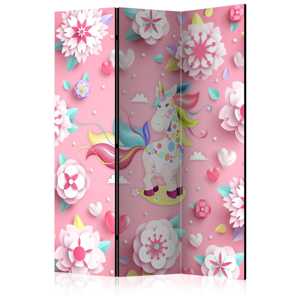 Vouwscherm / Kamerscherm - Eenhoorn en een bed van bloemen, kinderkamer 135x172cm, gemonteerd geleverd, dubbelzijdig geprint afbeelding