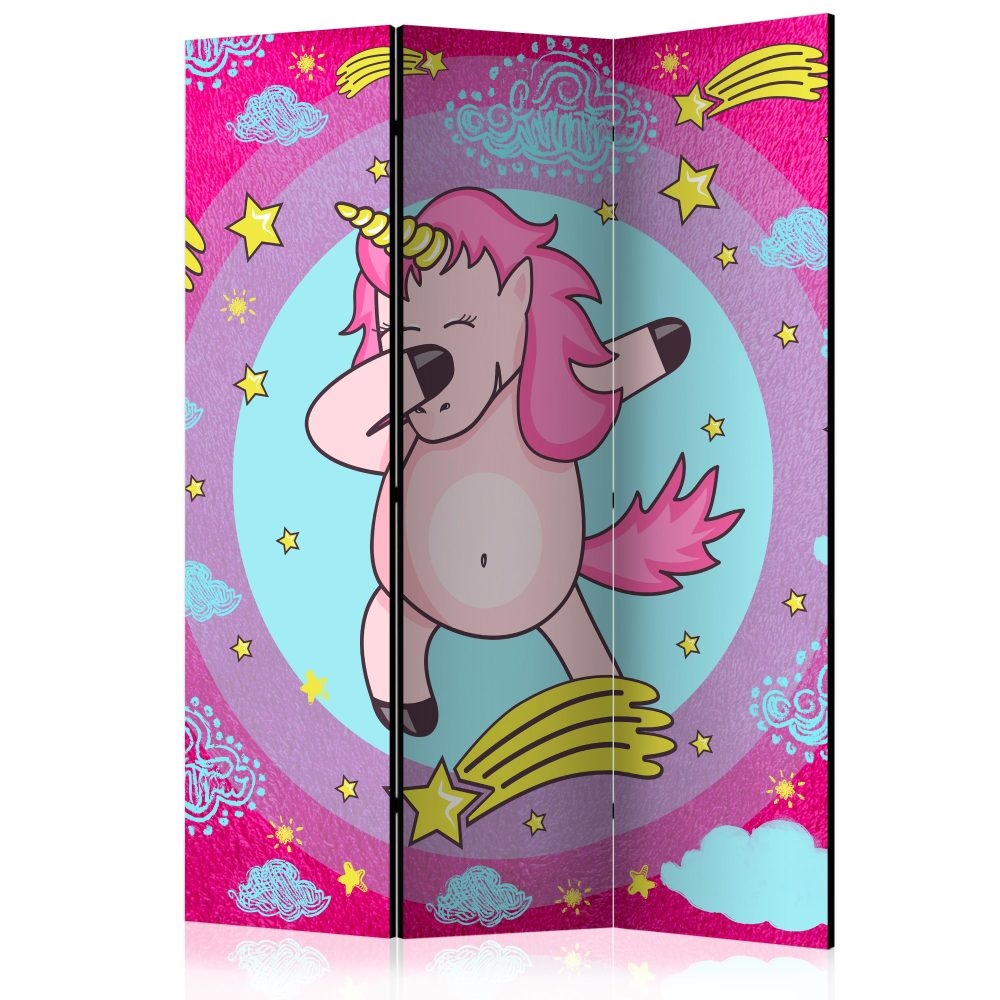 Vouwscherm / Kamerscherm - Dansende eenhoorn, kinderkamer 135x172cm, gemonteerd geleverd, dubbelzijdig geprint afbeelding