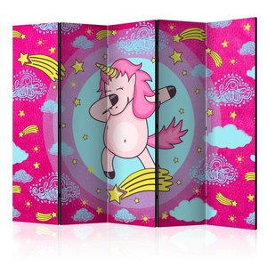 Vouwscherm / Kamerscherm - Dansend Eenhoorn, roze, gemonteerd geleverd, dubbelzijdig geprint  225x172 cm