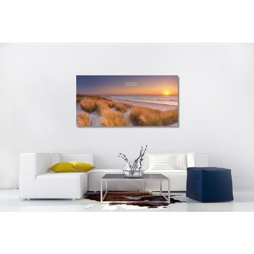Karo-art Schilderij - Zonsondergang op Texel, Noordzee , 2 maten  , Premium Print, Oranje, blauw, Prachtig duinlandschap met uitgebreid zicht op de Noordzee, Woon- en slaapkamer