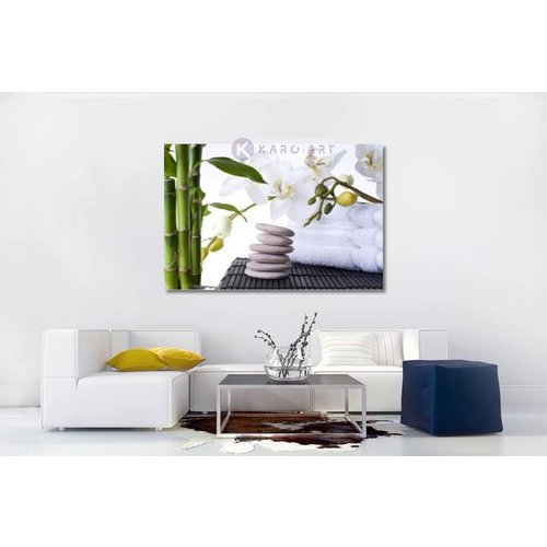 Karo-art Schilderij - Orchidee, zen stenen en bamboe , Wit groen zwart , 2 maten , Wanddecoratie, Inspirerend, Oosters, Spa, woon-en slaapkamer en praktijkruimte