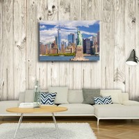 Karo-art Schilderij - Vrijheidsbeeld, zicht op New York City, 2 maten , Multikleur , Premium print