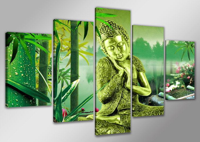 Schilderij Boeddha en bamboe 160x80cm, 5 luik afbeelding