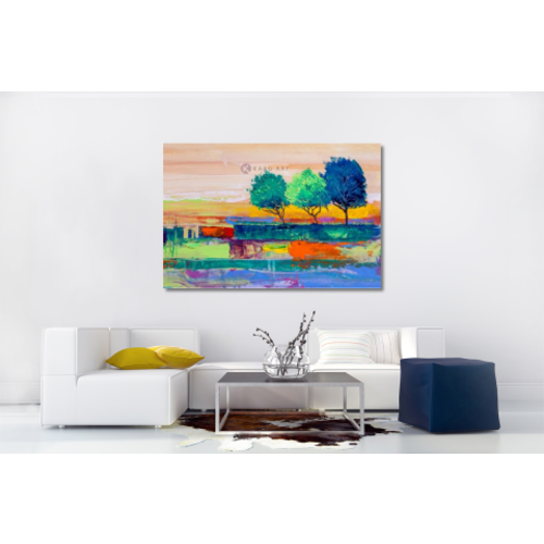 Karo-art Schilderij - Gekleurde bomen (print van olieverf schilderij) , Multikleur , 2 maten , Premium print