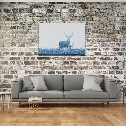 Karo-art Schilderij - Herten opgenomen door het bos , Blauw wit , 2 maten , Premium print