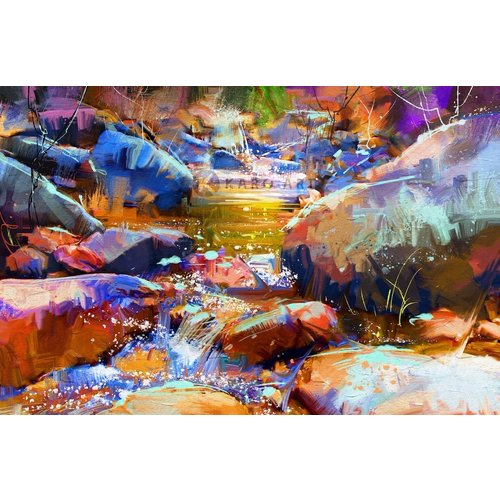 Karo-art Schilderij - Waterval met kleurrijke stenen (digitale kunst) , multikleur , 2 maten , Premium print