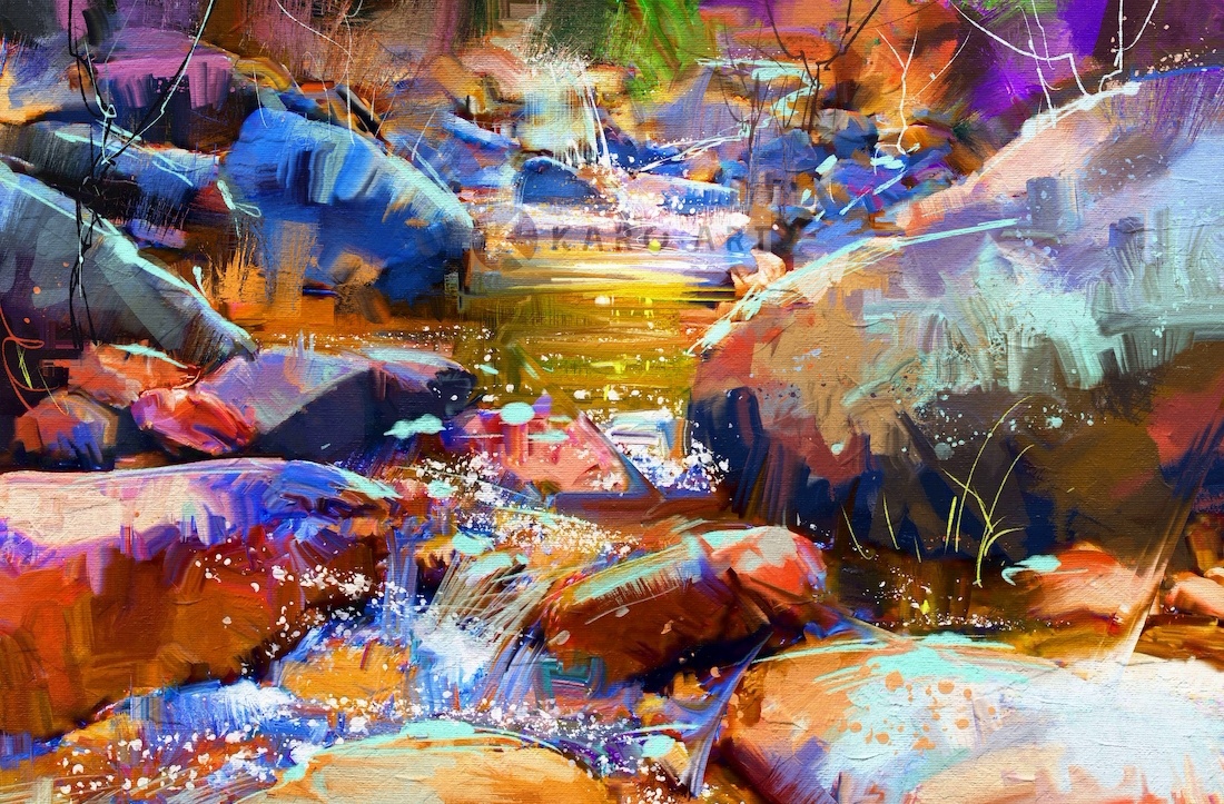 Schilderij - Waterval met kleurrijke stenen (digitale kunst) , multikleur , 2 maten , Premium print afbeelding