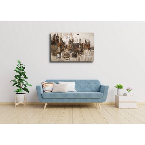 Karo-art Schilderij - Stad in abstractie (print van handgeschilderd) , Beige bruin , 2 maten , Premium print