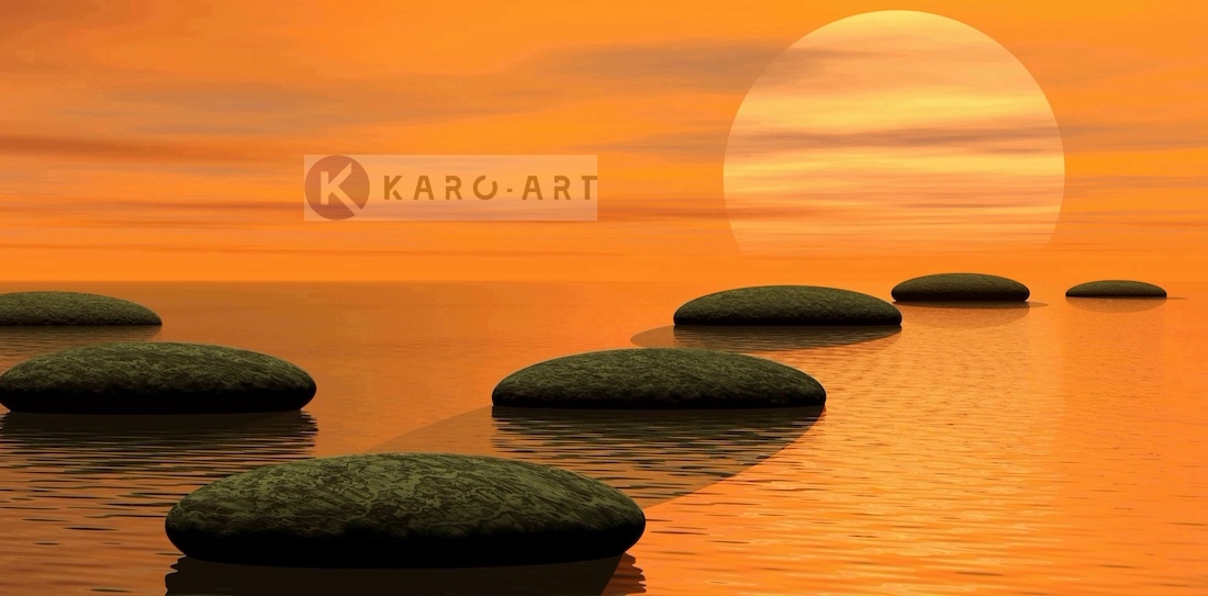 Schilderij - Zen stenen en zonsondergang afbeelding