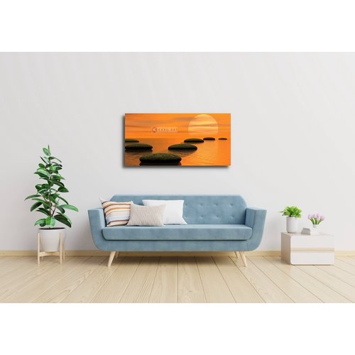Schilderij - Zen stenen en zonsondergang Schilderij - Zen stenen en zonsondergang