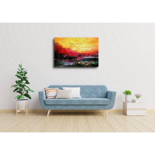 Karo-art Schilderij - Zonsondergang (print van handgeschilderd) , Multikleur , Wanddecoratie