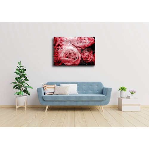 Karo-art Schilderij - Rode rozen op bakstenen muur , Multikleur , 2 maten , Premium print