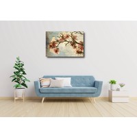 Karo-art Schilderij - Magnolia boomtak met een verouderd papieren effect en een oud handschrift, premium print , 2 maten , Multikleur