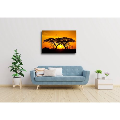 Karo-art Schilderij - Zonsondergang in Afrika , 2 maten , Oranje zwart , Wanddecoratie