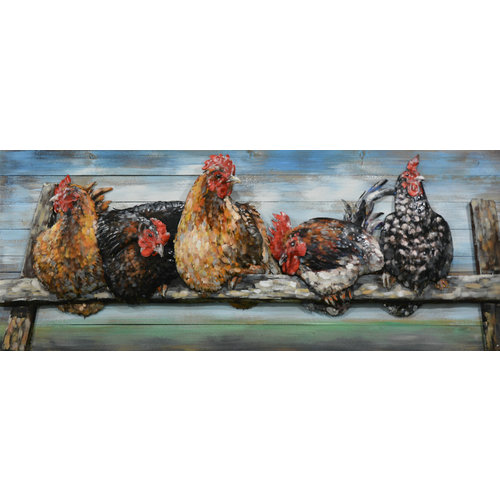 Schilderij - Metaalschilderij - Kippen op Stok, 60x150