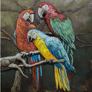 Schilderij - Metaalschilderij - Papegaaien Familie, 100x100