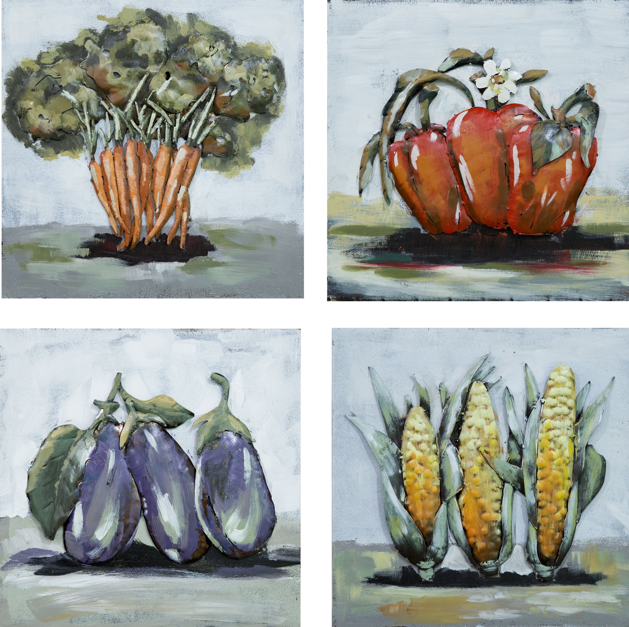 Schilderij - Metaalschilderij - Kleurrijke Groentes, Set van 4x 40x40 afbeelding