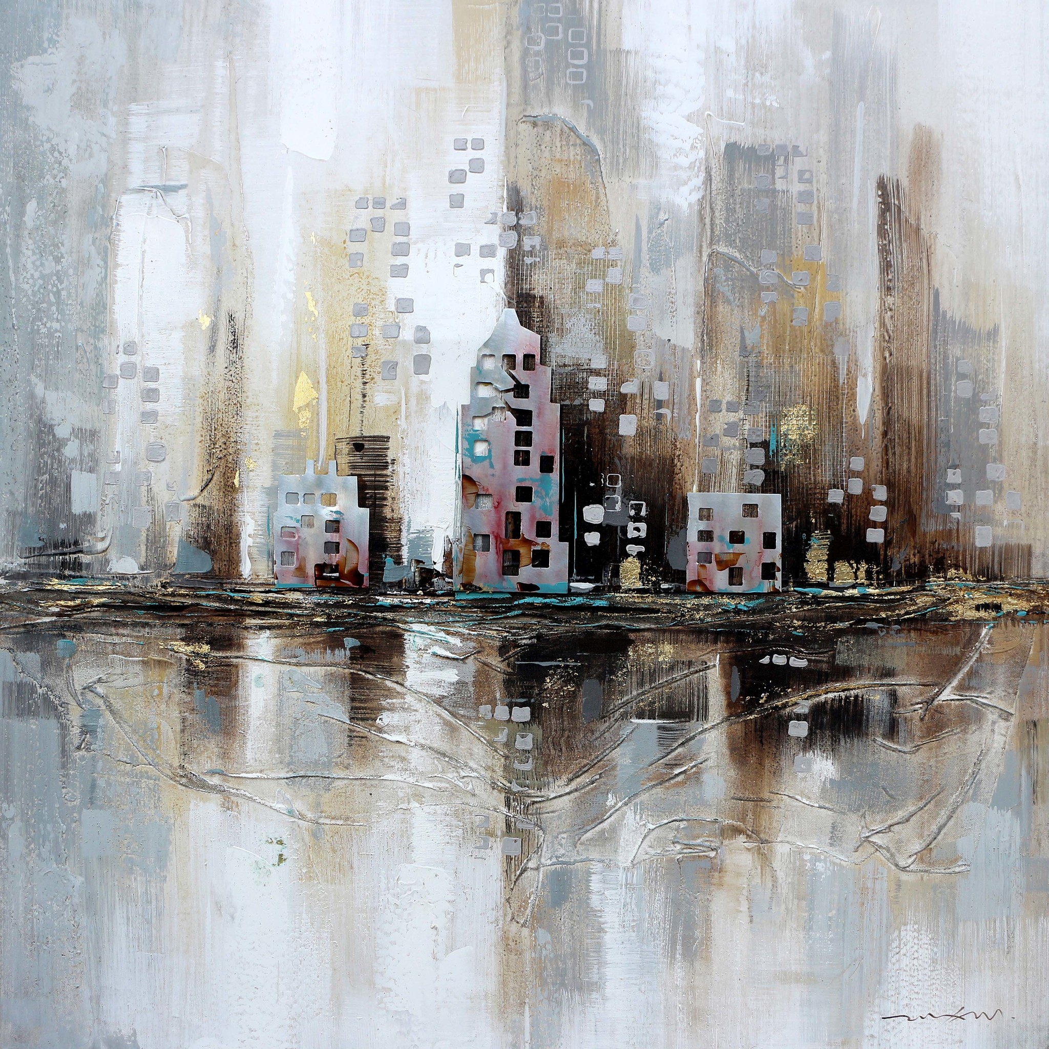 Schilderij - Handgeschilderd - City Skyline, 100x100 afbeelding