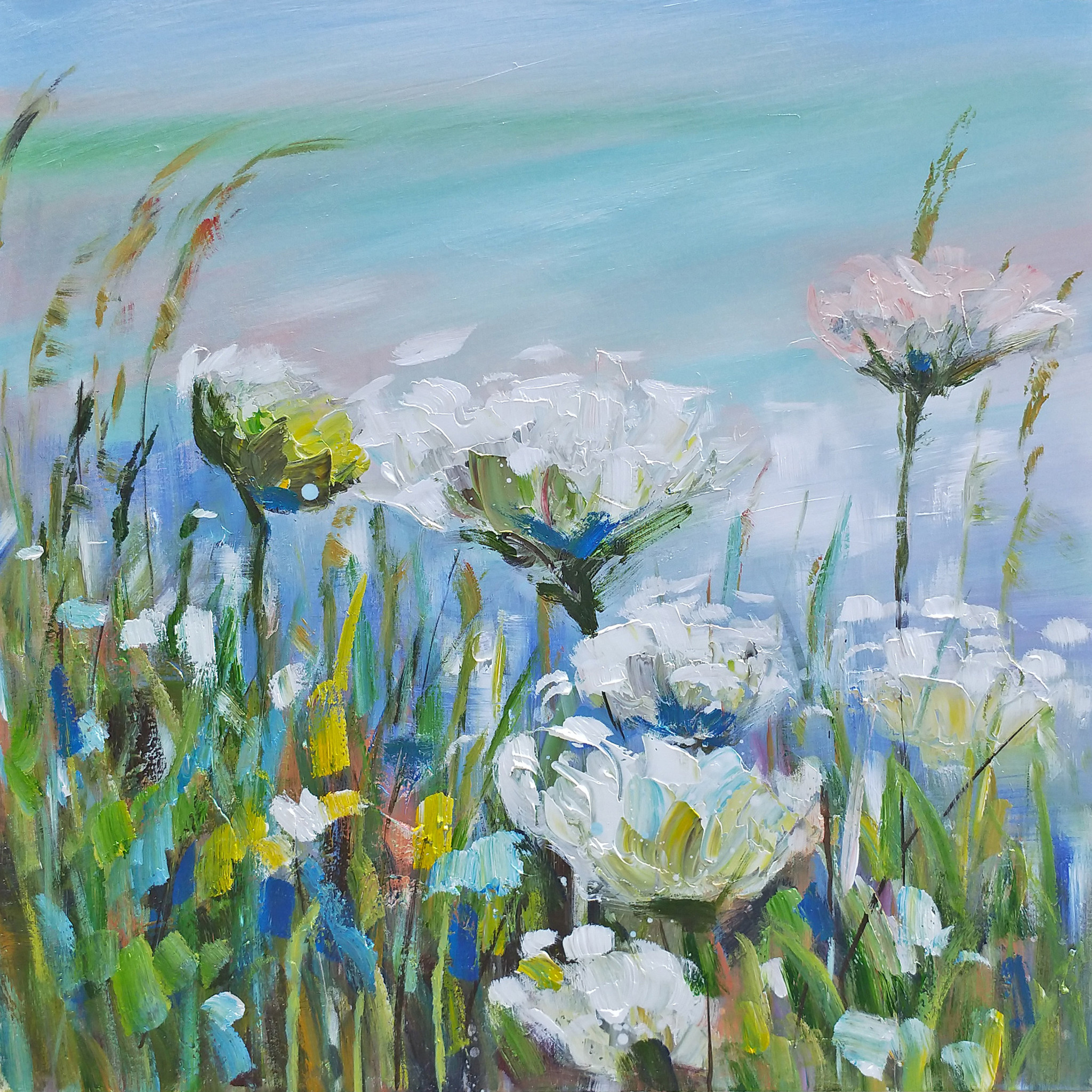 Schilderij - Handgeschilderd - Wilde Bloemen, 100x100 afbeelding