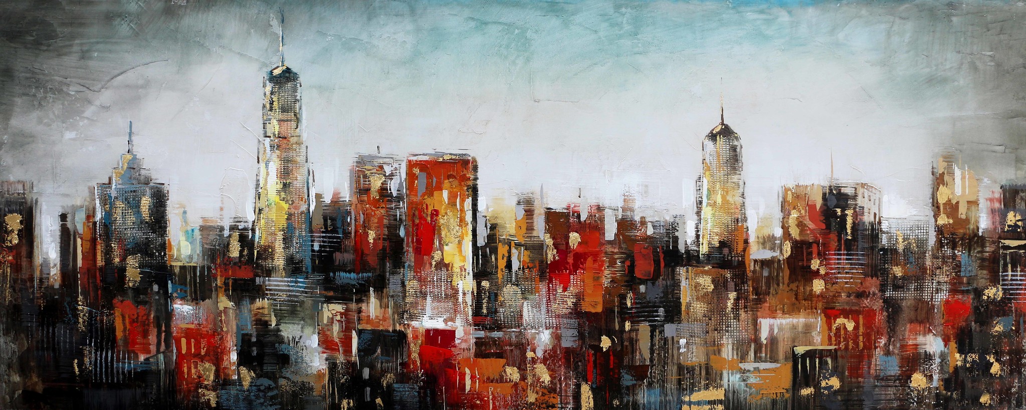 Schilderij - Handgeschilderd - Stads Skyline, 60x150 afbeelding