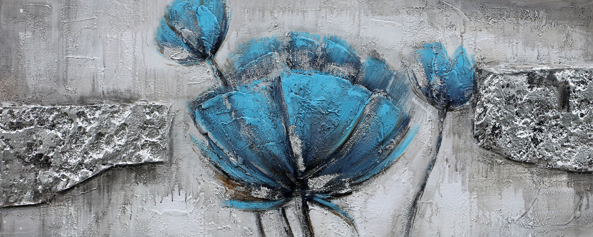 Schilderij - Handgeschilderd - Blauwe Klaproos, 60x150 afbeelding