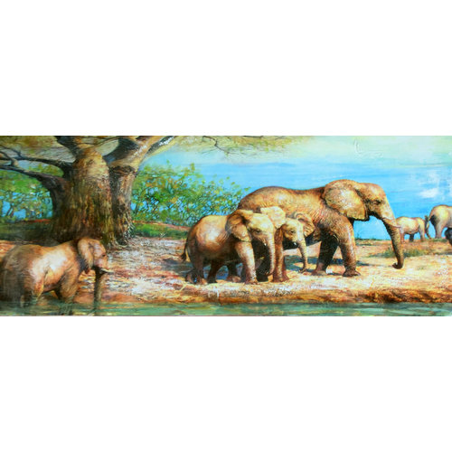 Schilderij - Handgeschilderd - Olifanten in de Savanne , 60x150