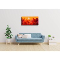 Karo-art Schilderij - Wolkenkrabbers zonsondergang, geel rood , 2 maten , Wanddecoratie , Premium print