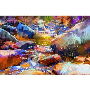 Karo-art Afbeelding op acrylglas  - Waterval met kleurrijke stenen (digitale kunst)