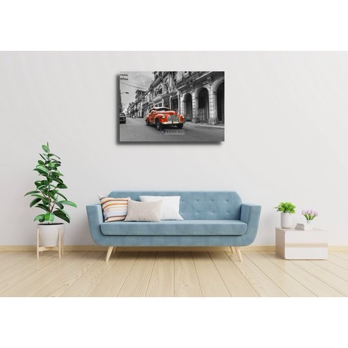 Karo-art Schilderij - Rode oldtimer in de straten van Havana, Cuba, Zwart wit rood , 2 maten , Premium print