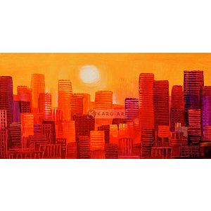 Karo-art Afbeelding op acrylglas - Wolkenkrabbers zonsondergang, geel rood