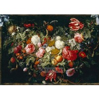 Karo-art Schilderij - Slinger van bloemen en fruit, Jan Davidsz de Heem , print op canvas