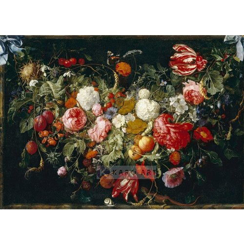 Karo-art Schilderij - Slinger van bloemen en fruit, Jan Davidsz de Heem , print op canvas