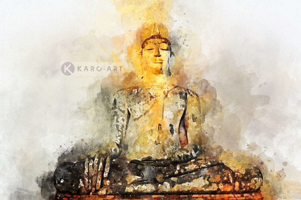 Schilderij - Boeddha in Aquarel (print op canvas), Multikleur , 3 maten , Wanddecoratie afbeelding