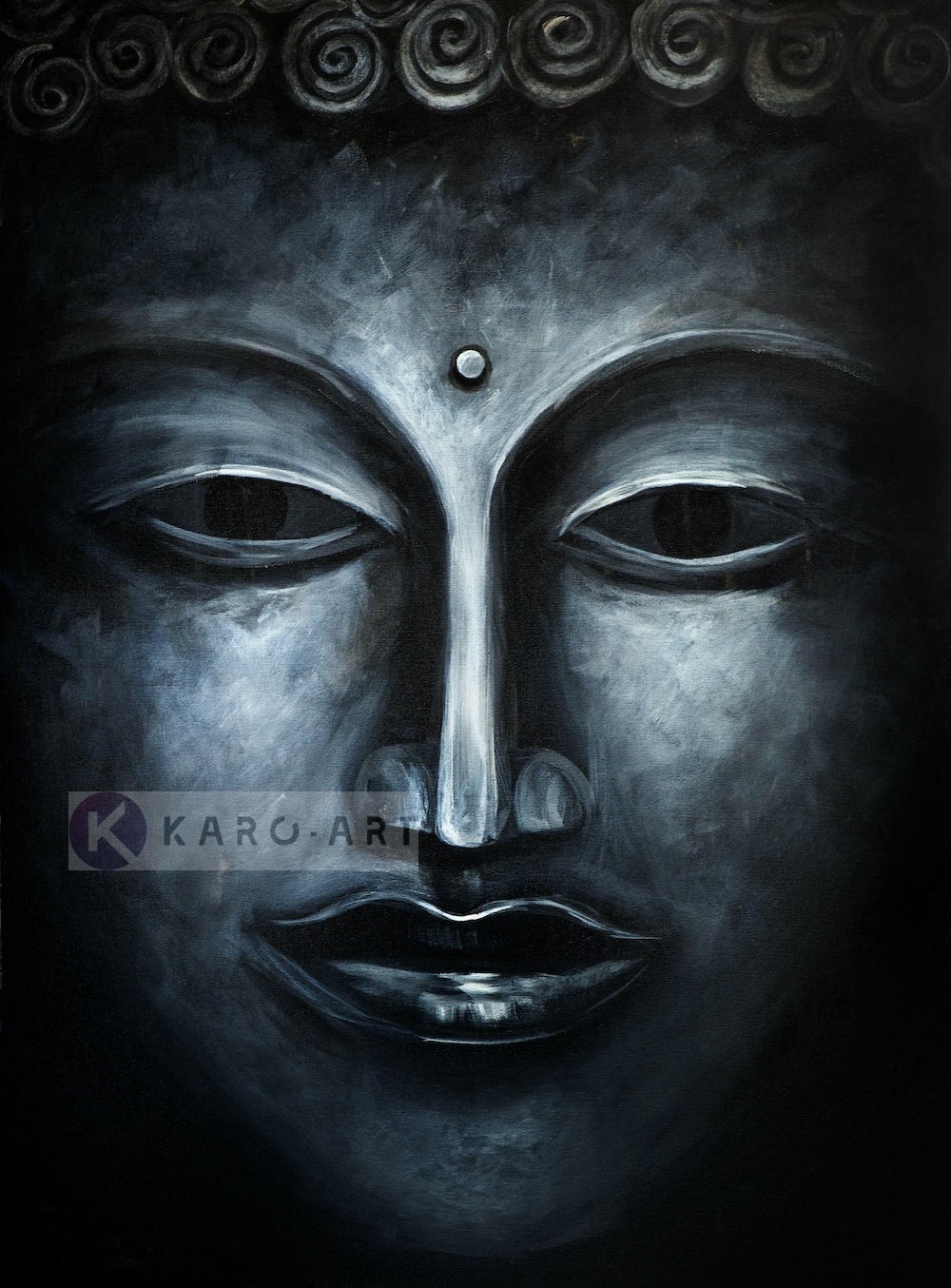 Schilderij - Donkere Boeddha (print op canvas), Zwart wit , 3 maten , Wanddecoratie afbeelding