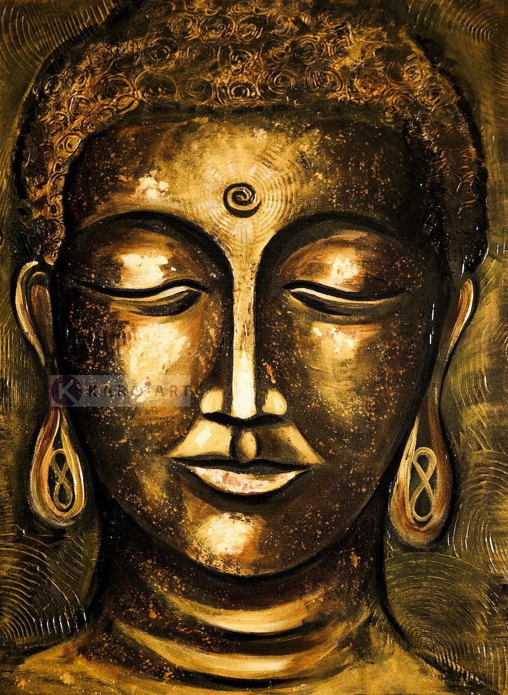 Schilderij - Boeddha Verlichting (print op canvas) ,Geel Bruin , 2 maten , Wanddecoratie, Premium Print afbeelding