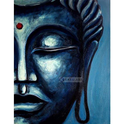 Karo-art Schilderij - Blauwe Boeddha (print op canvas) , Blauw zwart , 3 maten , Premium print